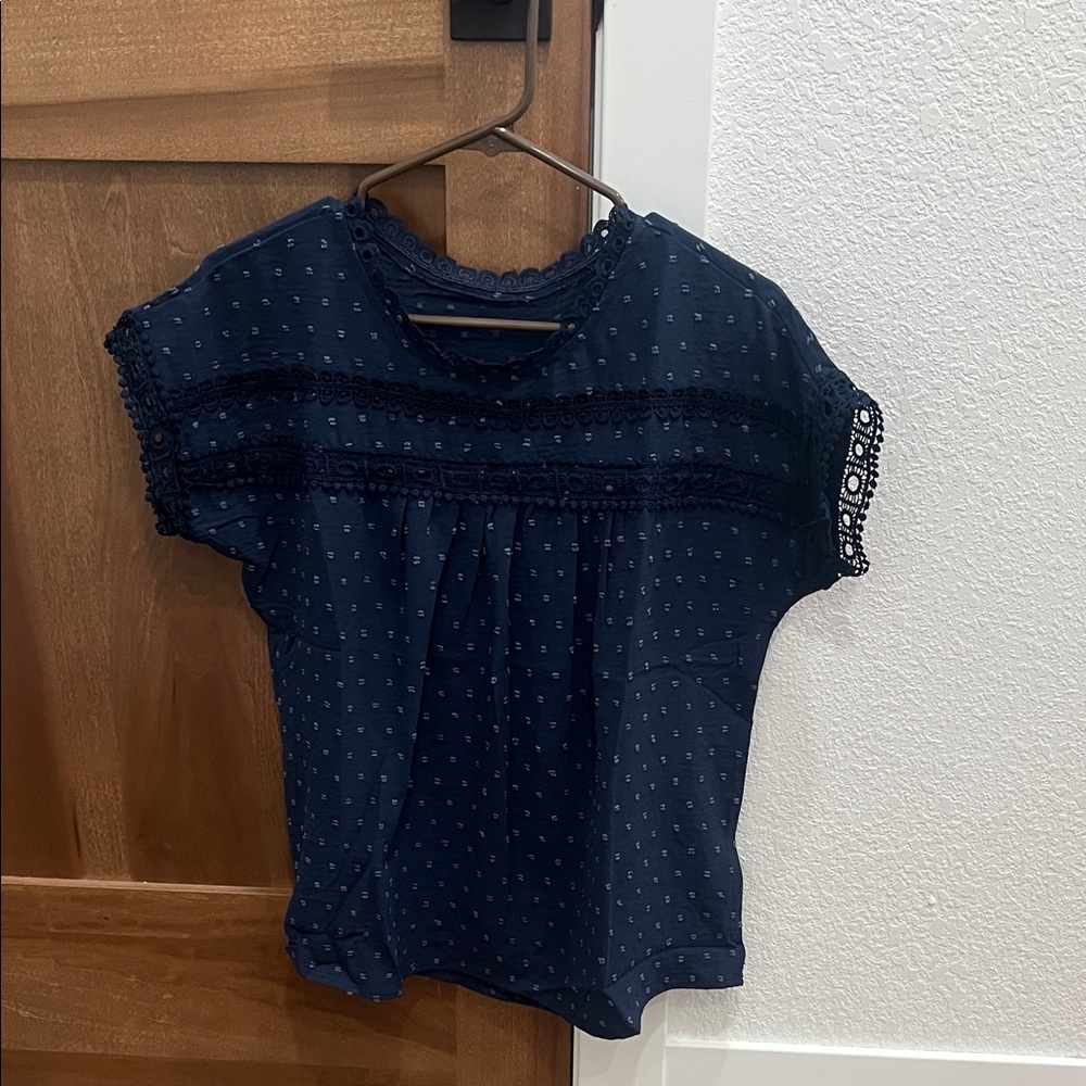 Navy Blue Lace Trim Women's Top